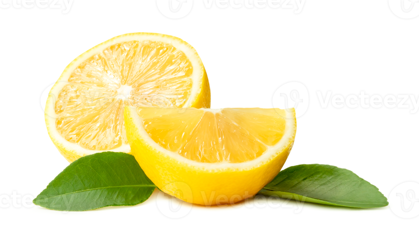 Fresh yellow lemon half with quater and leaves isolated with clipping path and shadow in png file format