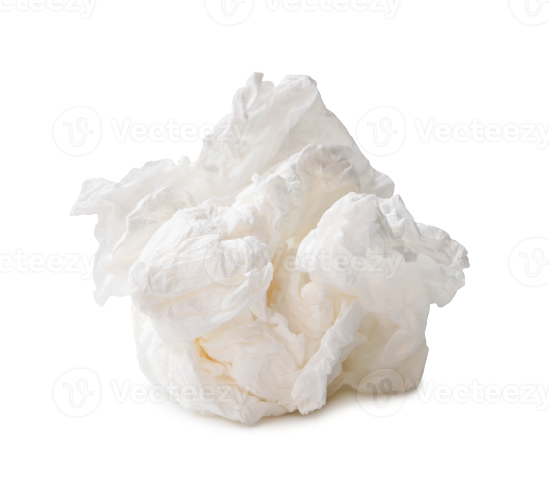 Single white screwed or crumpled tissue paper or napkin in strange shape after use in toilet or restroom isolated with clipping path and shadow in png file format.