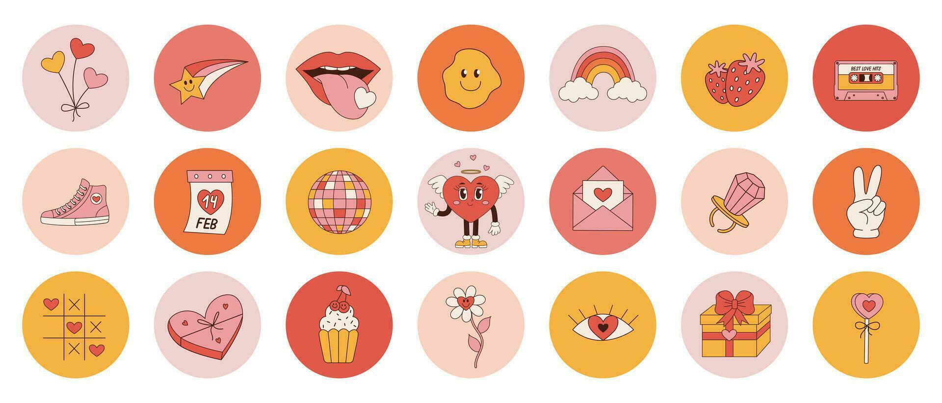 Groovy set stickers for Valentines day. Daisy, character heart, rainbow. Love concept. Vector illustration in trendy retro 60s 70s style