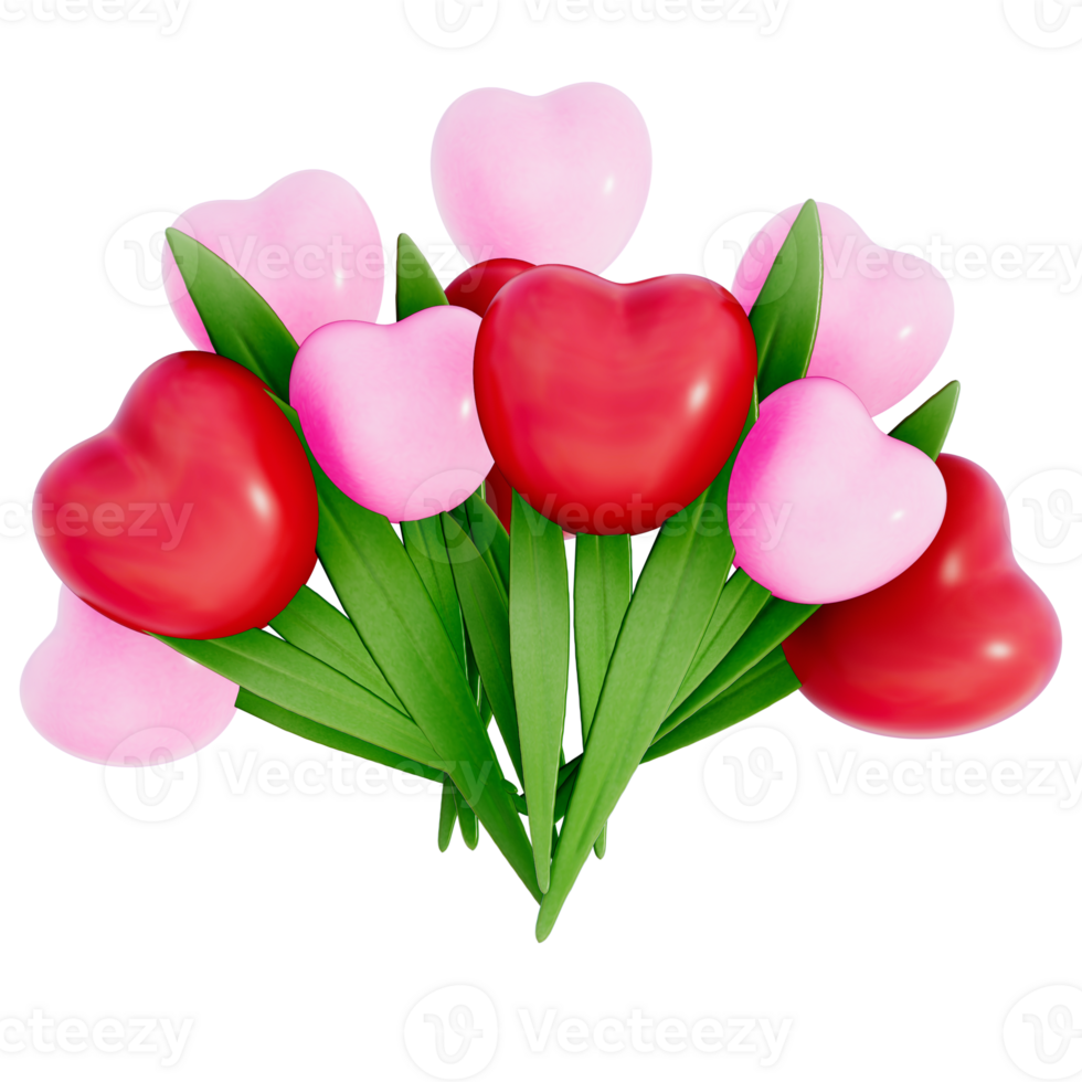 Valentine decoration small bouquet of heart-shaped on a transparent background, 3D rendering png