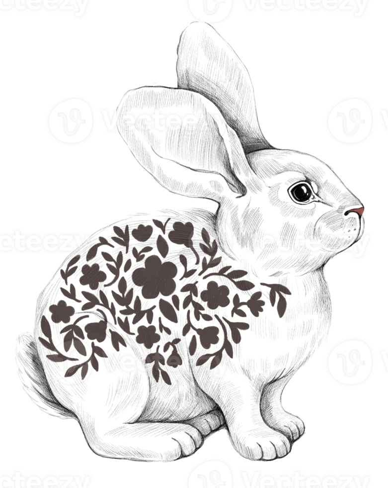 Hand-drawn cute rabbit with flowers png