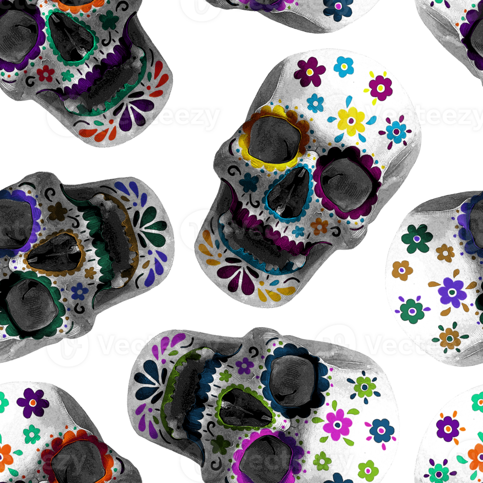 Seamless pattern with flower-painted human skulls. png
