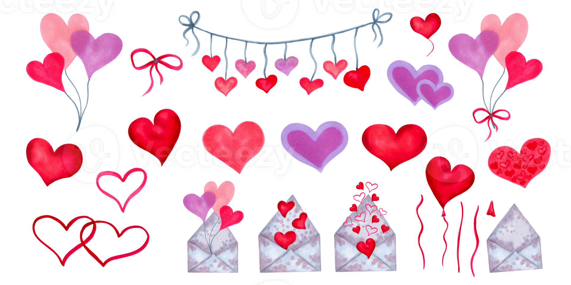 Set of elements for Valentine Day, Singles Day, friends and girlfriends. Various shapes and colors of hearts, envelopes, bows and heart shaped balloons, ribbons.Watercolor handmade isolated art. png