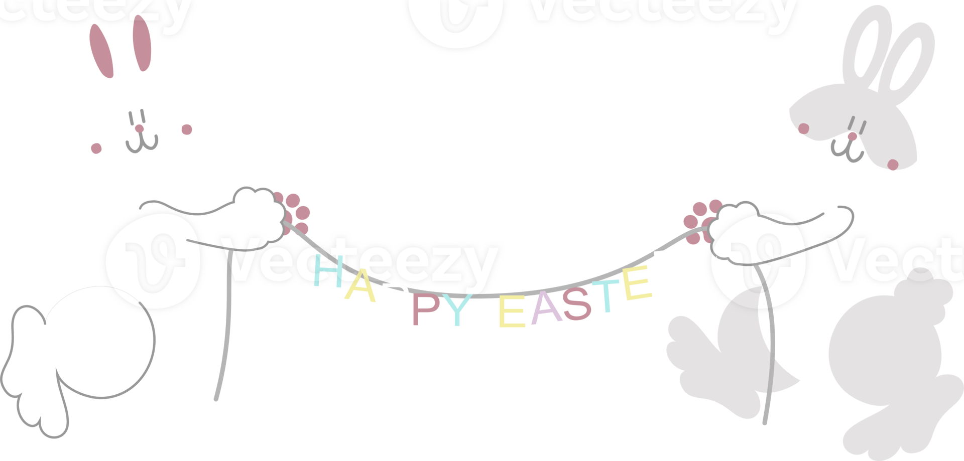 happy easter with bunny rabbit and happy easter text, flat png transparent element character design