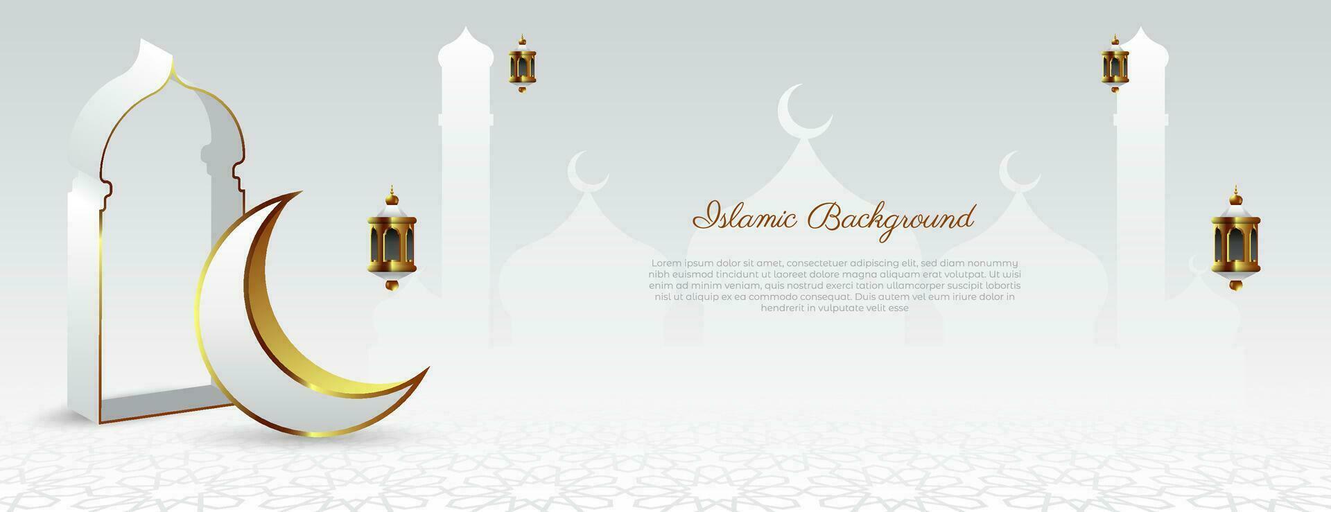 white and gold islamic background with crescent, lantern and gate. vector illustration