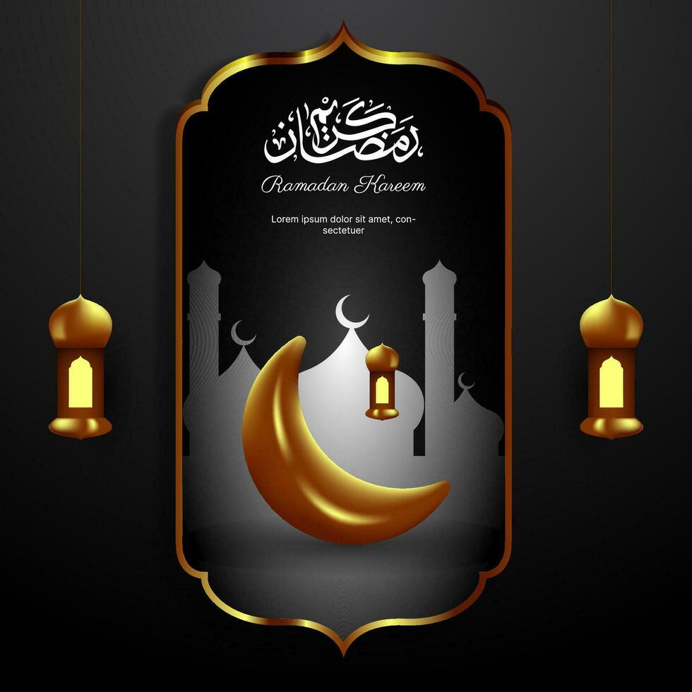 islámico antecedentes en oro y negro. Ramadán kareem vector diseño con Arábica caligrafía.