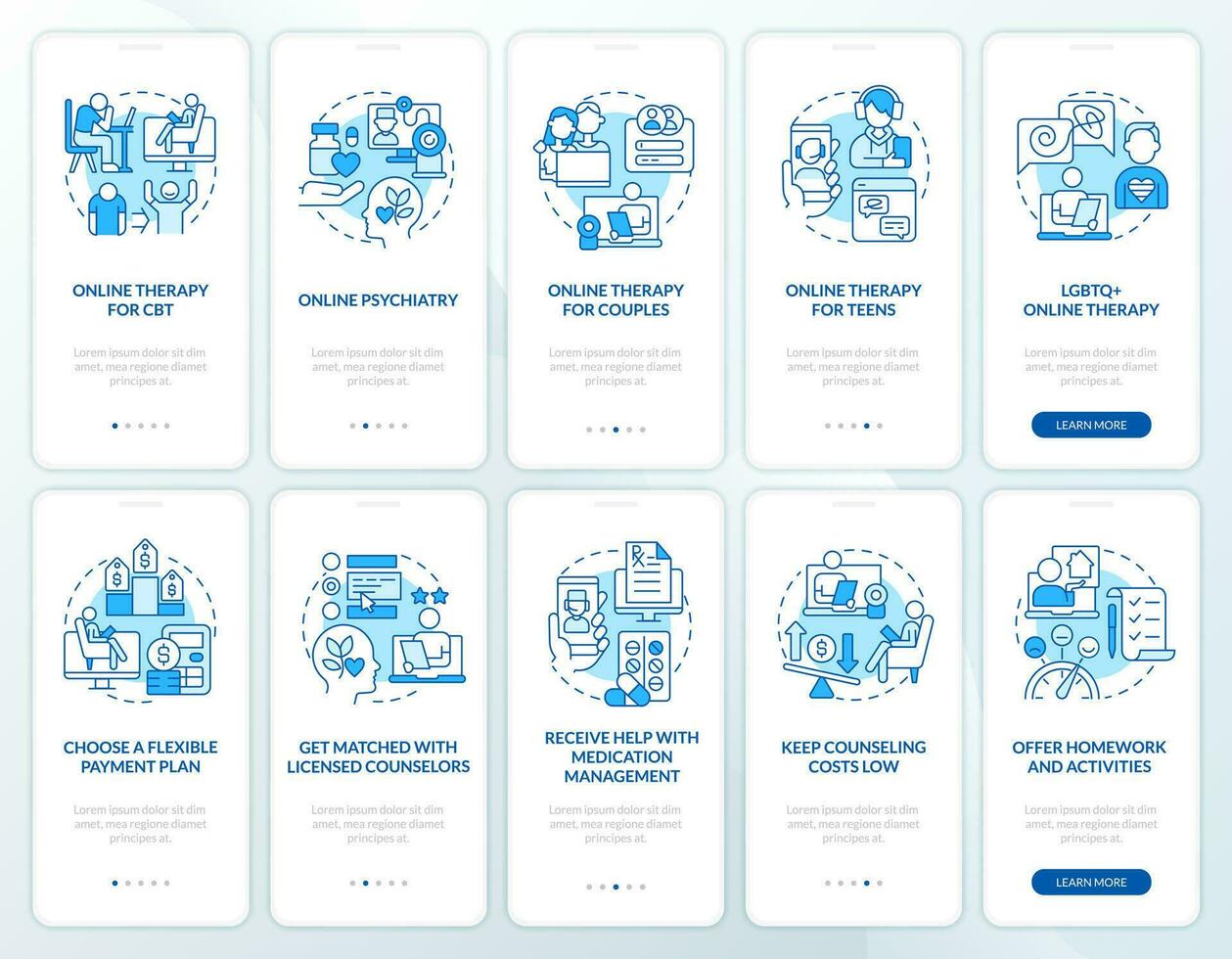 2D icons representing online therapy mobile app screen set. Walkthrough 5 steps blue graphic instructions with thin line icons concept, UI, UX, GUI template. vector