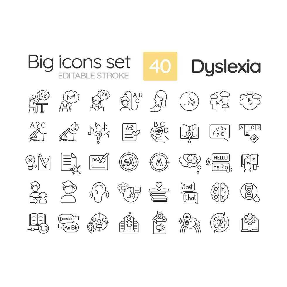 2D editable black big thin line icons set representing dyslexia, isolated vector, linear illustration. vector