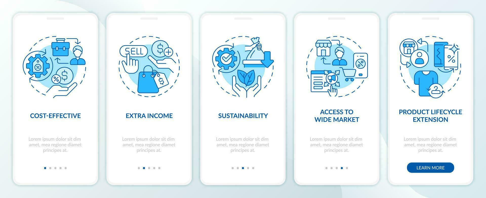 2D icons representing C2C mobile app screen set. Walkthrough 5 steps ...