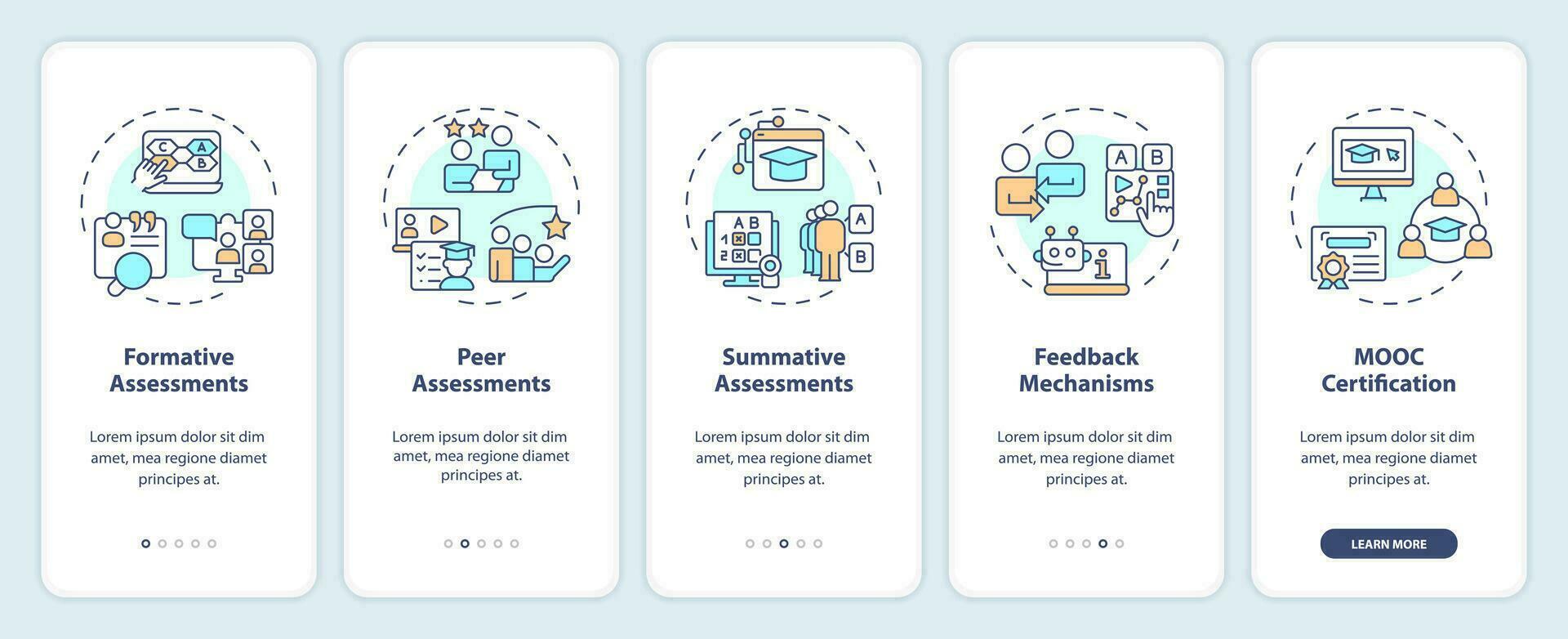 2d íconos representando mooc móvil aplicación pantalla colocar. recorrido 3 pasos multicolor gráfico instrucciones con Delgado línea íconos concepto, ui, ux, gui modelo. vector