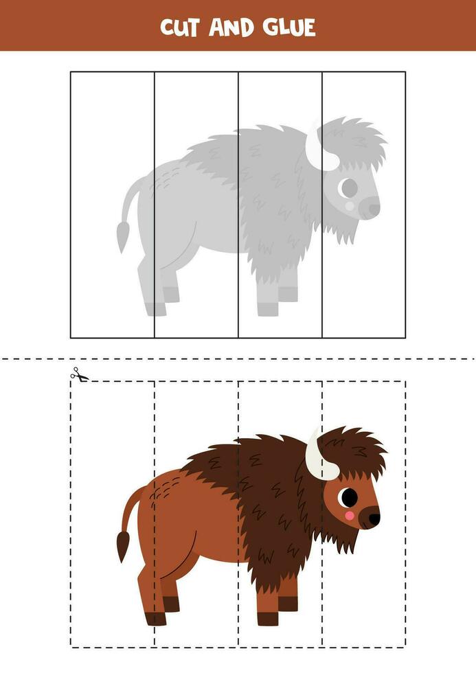 Cut and glue game for kids. Cute cartoon American bison. vector
