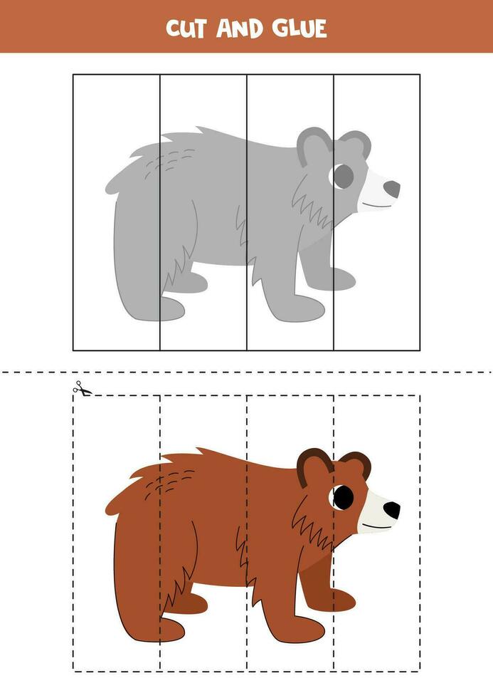 Cut and glue game for kids. Cute cartoon brown grizzly bear. vector