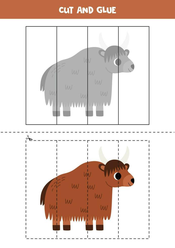 Cut and glue game for kids. Cute cartoon brown yak. vector