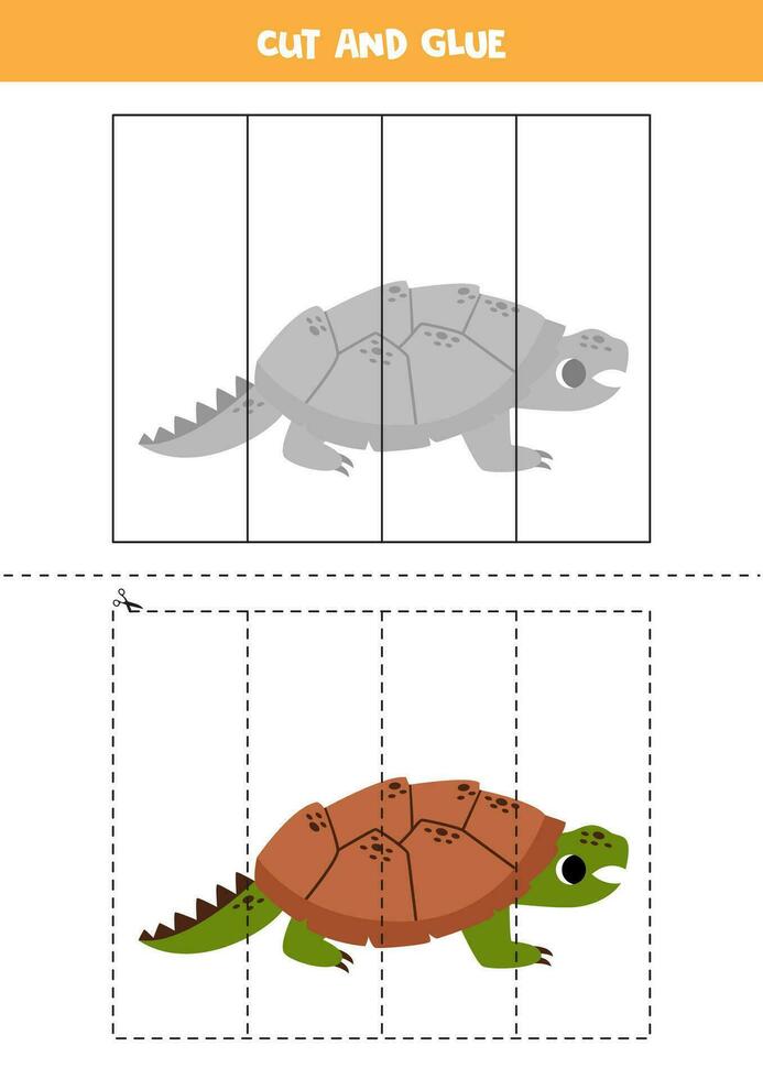 Cut and glue game for kids. Cute cartoon cayman turtle. vector