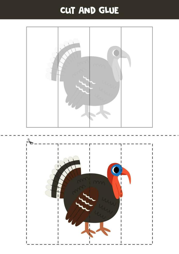 Cut and glue game for kids. Cute cartoon turkey. vector