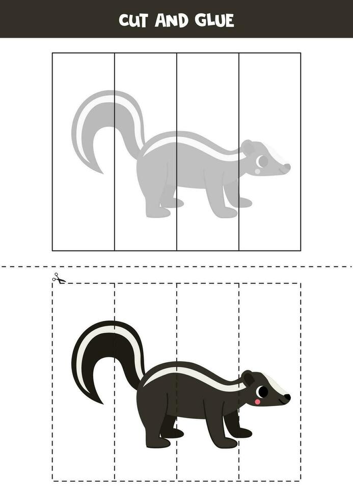 Cut and glue game for kids. Cute cartoon black and white skunk. vector