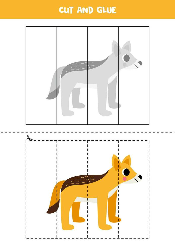 Cut and glue game for kids. Cute cartoon coyote. vector