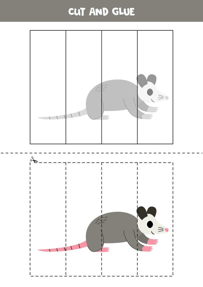 Cut and glue game for kids. Cute cartoon opossum. vector