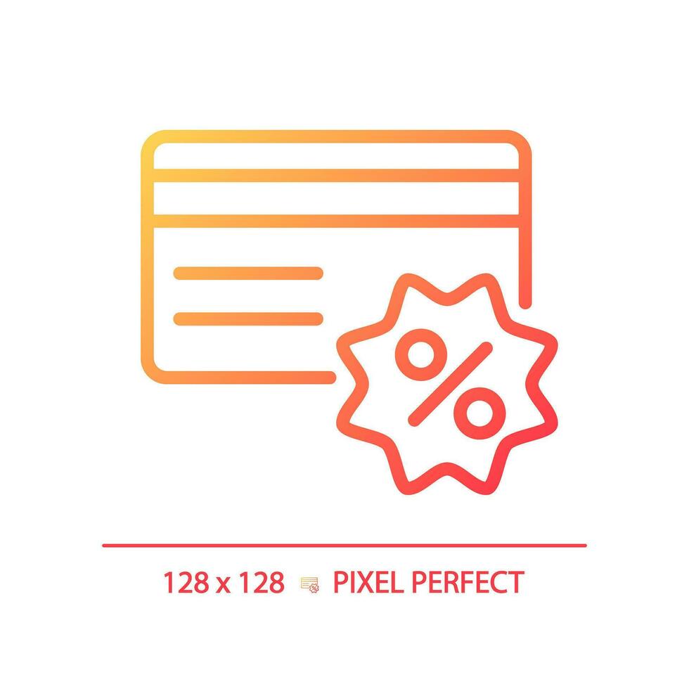 2D pixel perfect gradient credit card discount icon, isolated simple vector, thin line illustration representing discounts. vector