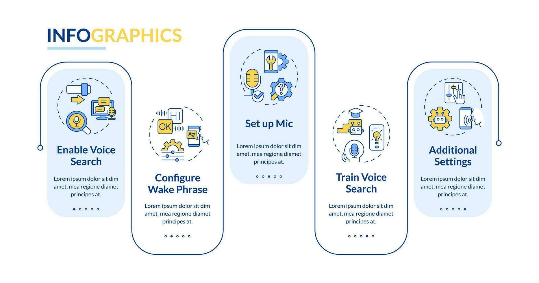 2D voice assistant vector infographics template with colorful icons, data visualization with 5 steps, process timeline chart.