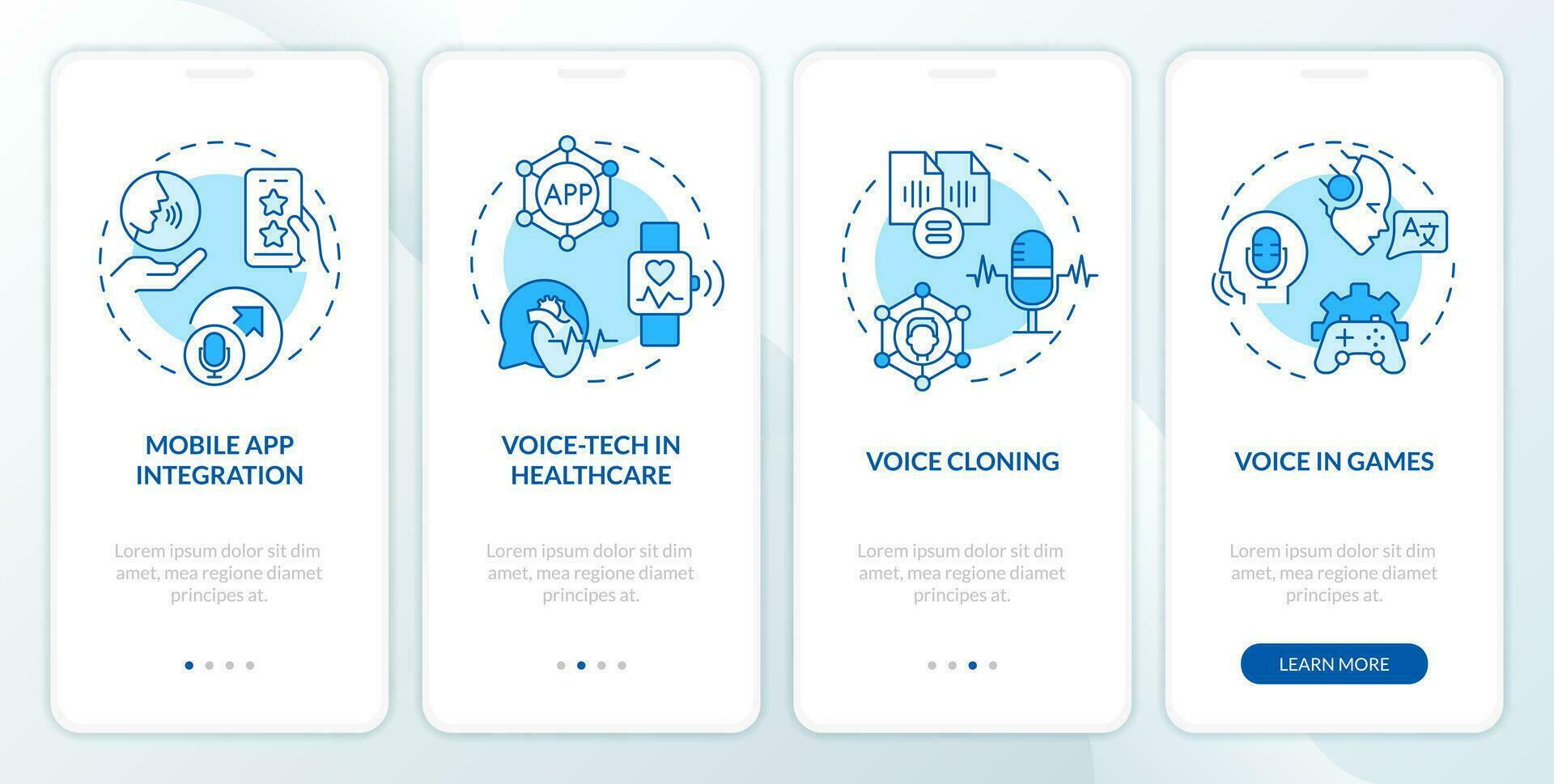 2D icons representing voice assistant mobile app screen set. Walkthrough 4 steps blue graphic instructions with thin line icons concept, UI, UX, GUI template. vector