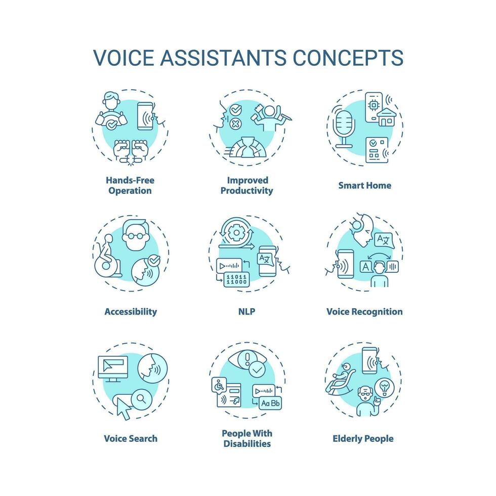 2D editable blue icons set representing voice assistants concepts, isolated vector, thin line illustration. vector