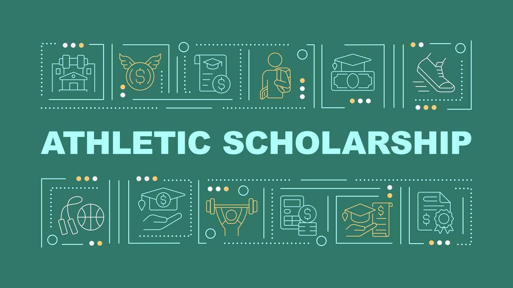 Athletic scholarship text with various thin line icons concept on dark green monochromatic background, editable 2D vector illustration.
