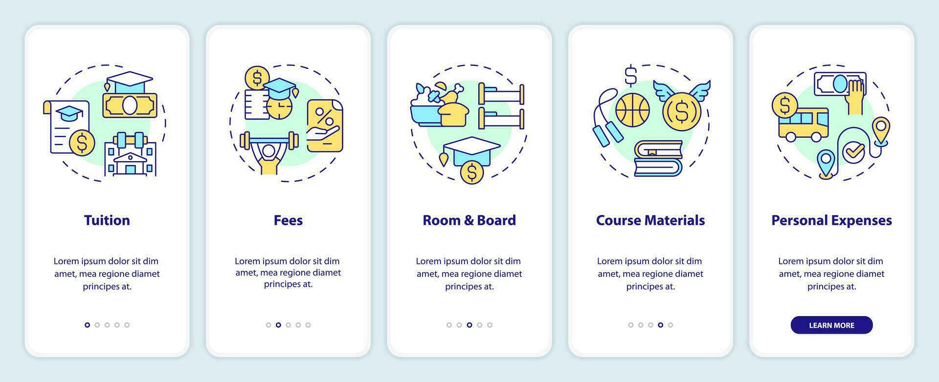 2d íconos representando atlético beca móvil aplicación pantalla colocar. recorrido 5 5 pasos multicolor gráfico instrucciones con línea íconos concepto, ui, ux, gui modelo. vector