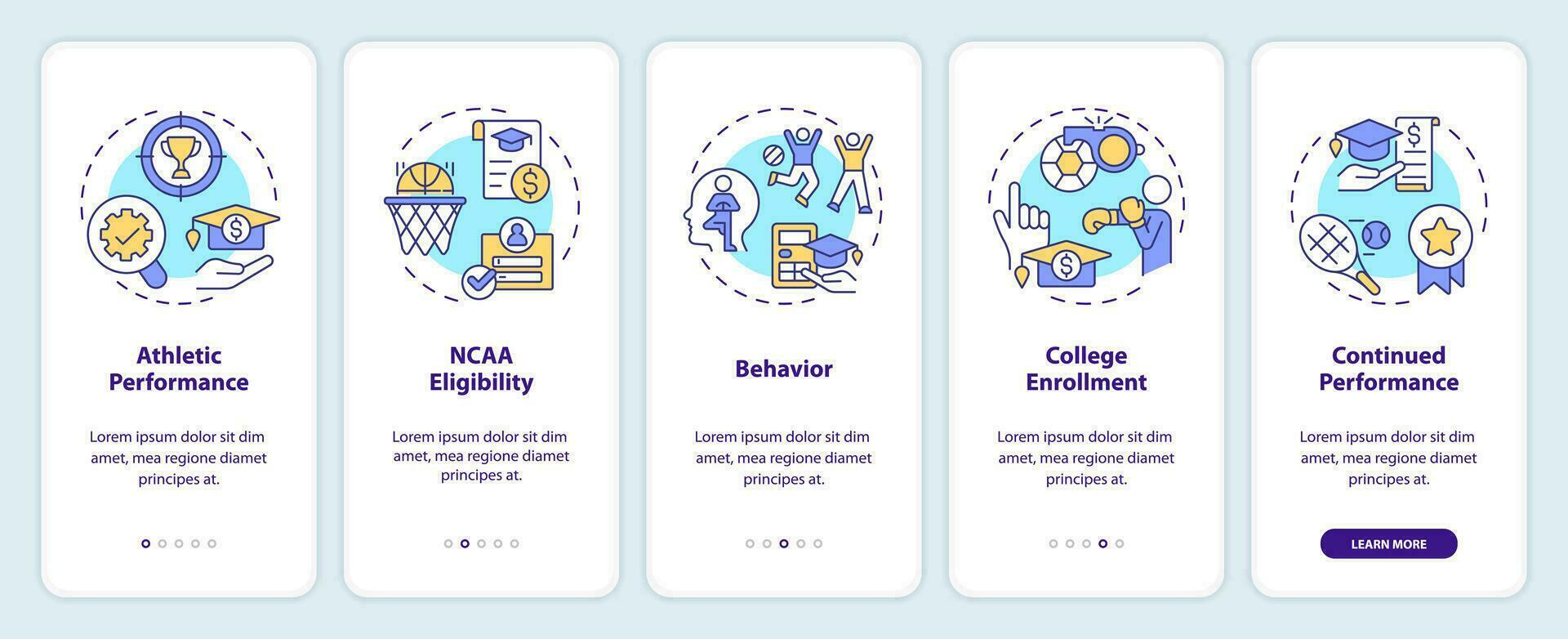 2d íconos representando atlético beca móvil aplicación pantalla colocar. recorrido 5 5 pasos vistoso gráfico instrucciones con línea íconos concepto, ui, ux, gui modelo. vector