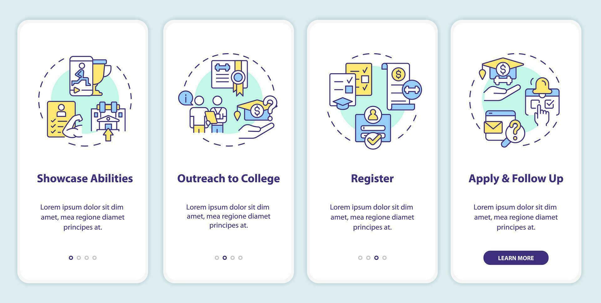 2D icons representing athletic scholarship mobile app screen set. Walkthrough 4 steps multicolor graphic instructions with thin line icons concept, UI, UX, GUI template. vector