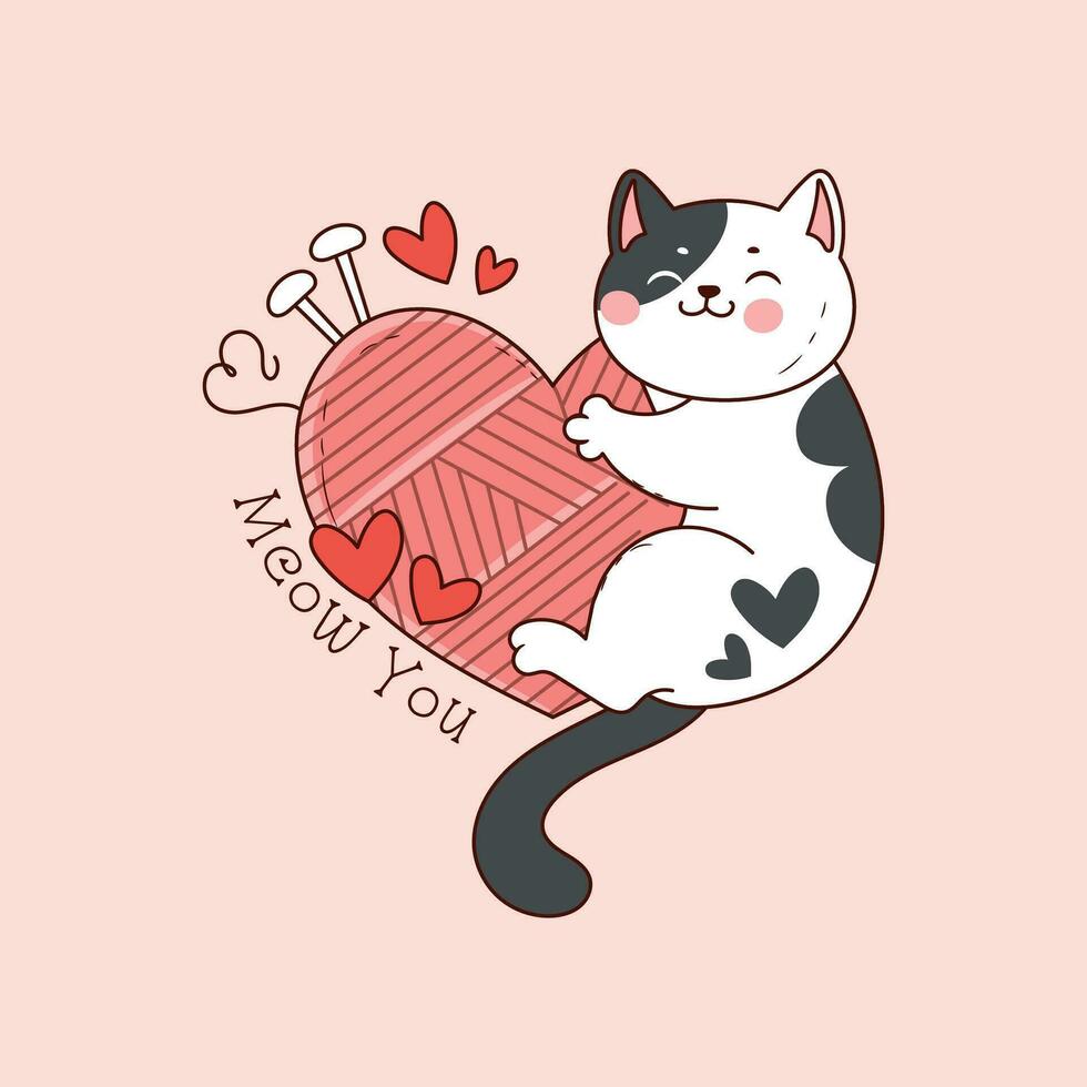 cute black and white kitten hugging a ball of yarn or pink wool in the shape of a heart for valentine's day vector