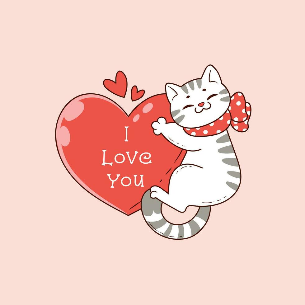 cute white kitten hugging a red heart for valentine's day vector