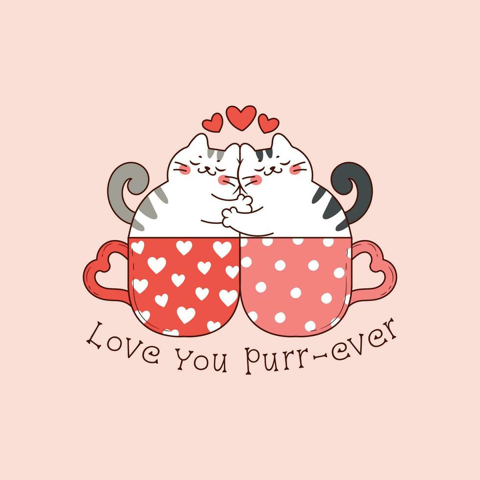 linda gatitos en amor siendo un Pareja abrazando o ejecutando un abrazo y dentro linda café tazas para San Valentín día vector