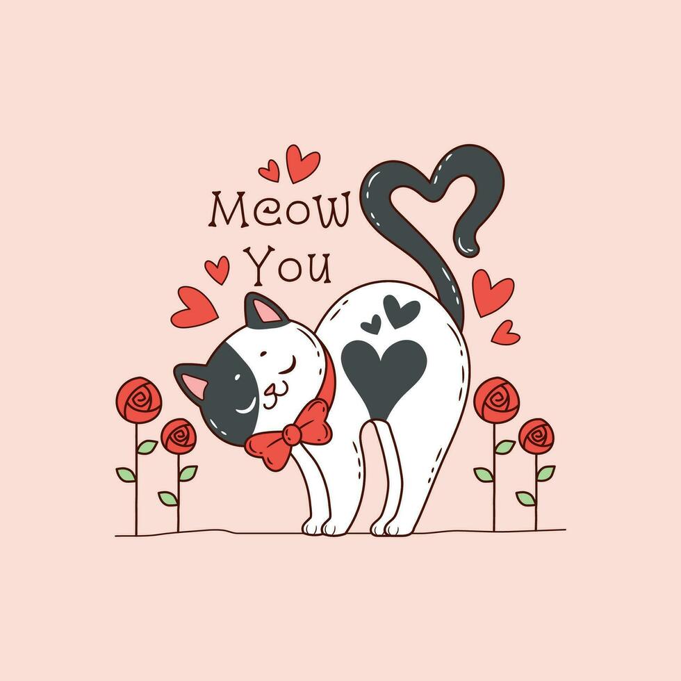 linda negro y blanco gatito gatito puntadas él mismo con corazones y flores o rosas para San Valentín día vector