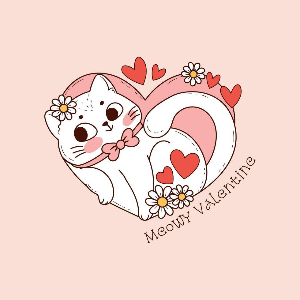 cute white kitten smiling inside a pink heart and surrounded by hearts and flowers for valentine's day vector