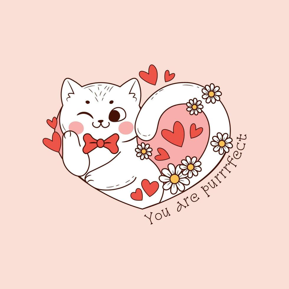 cute white kitten smiling inside a pink heart and surrounded by hearts and flowers for valentine's day vector