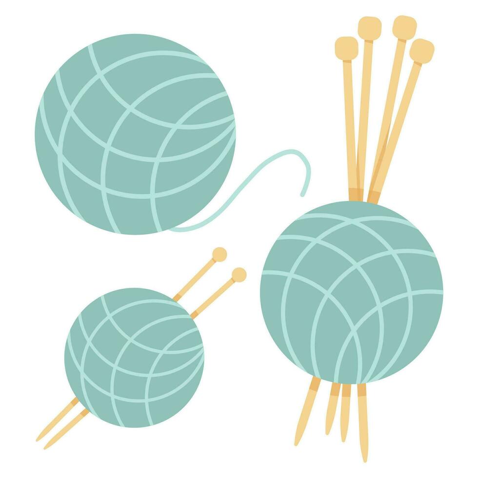 Set of blue balls of yarn with knitting needles vector