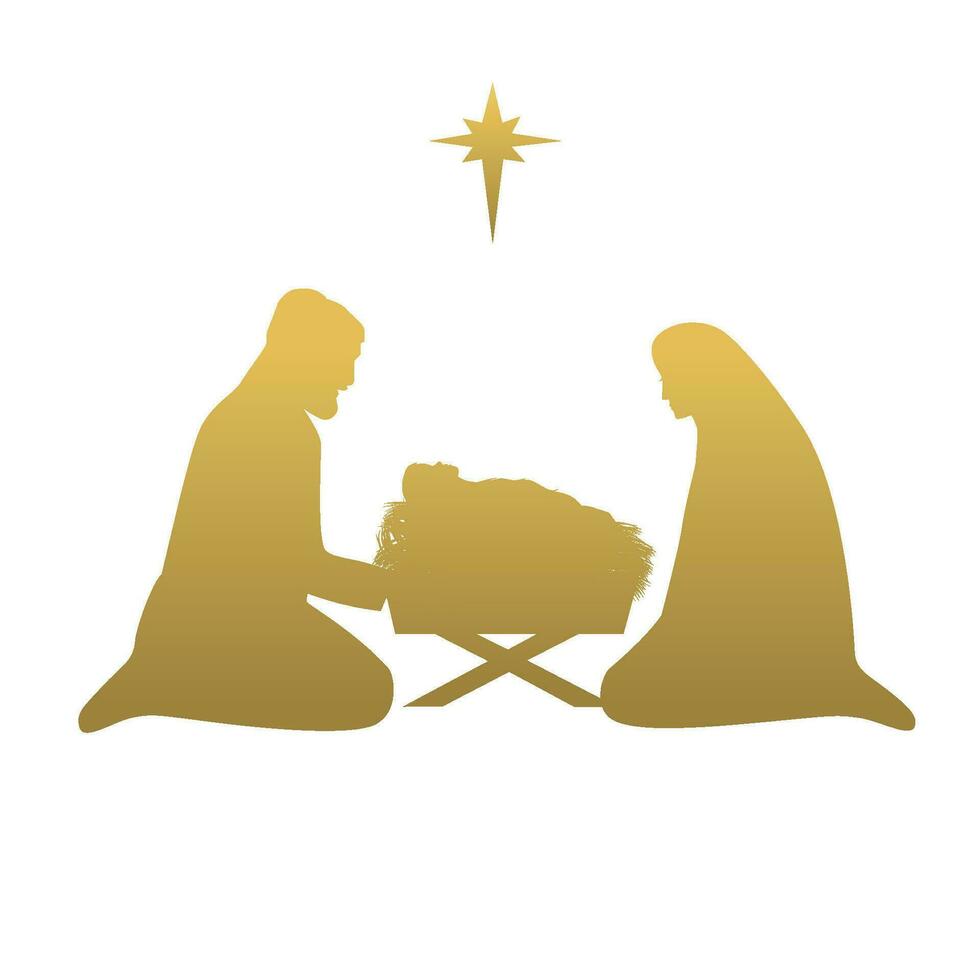 Mother Mary, Joseph and baby Jesus in manger. Golden silhouette. Vector illustration