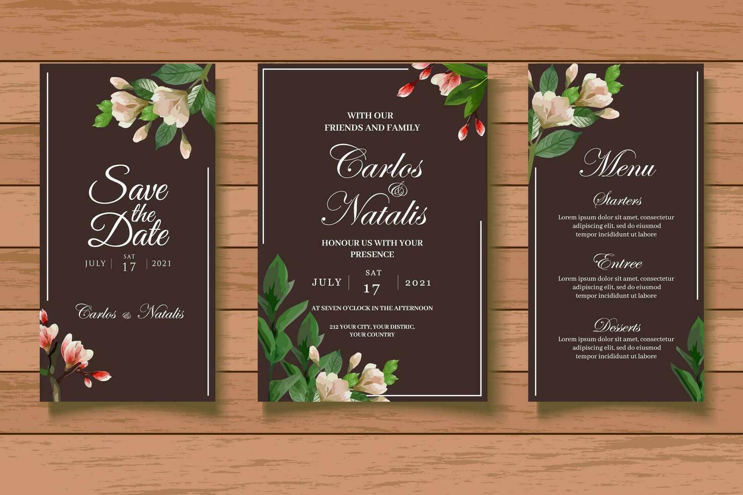 Hand drawn floral wedding invitation card set vector
