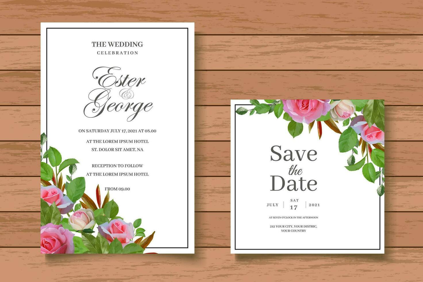 Hand drawn floral wedding invitation card set vector