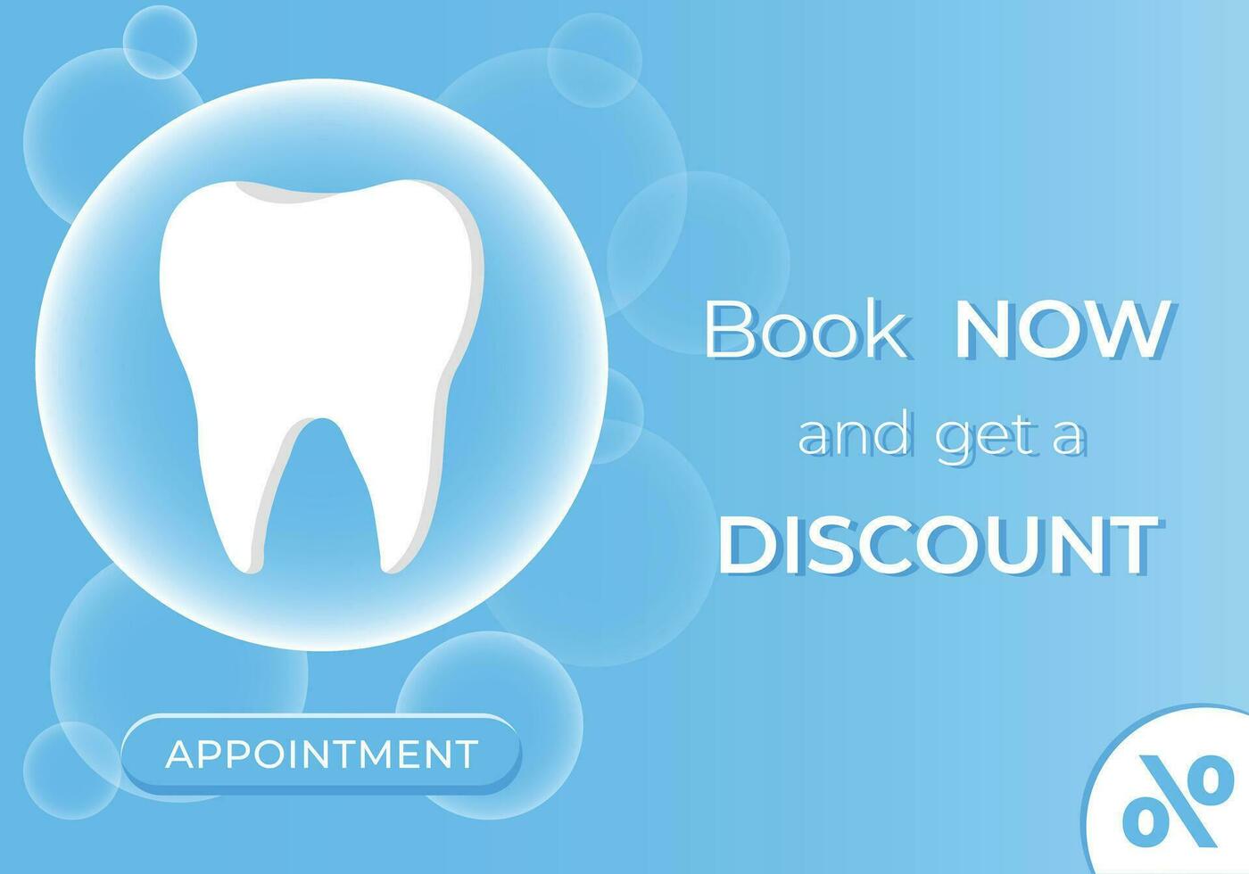 Discount banner for the dentist. Vector illustration of a tooth on a blue background