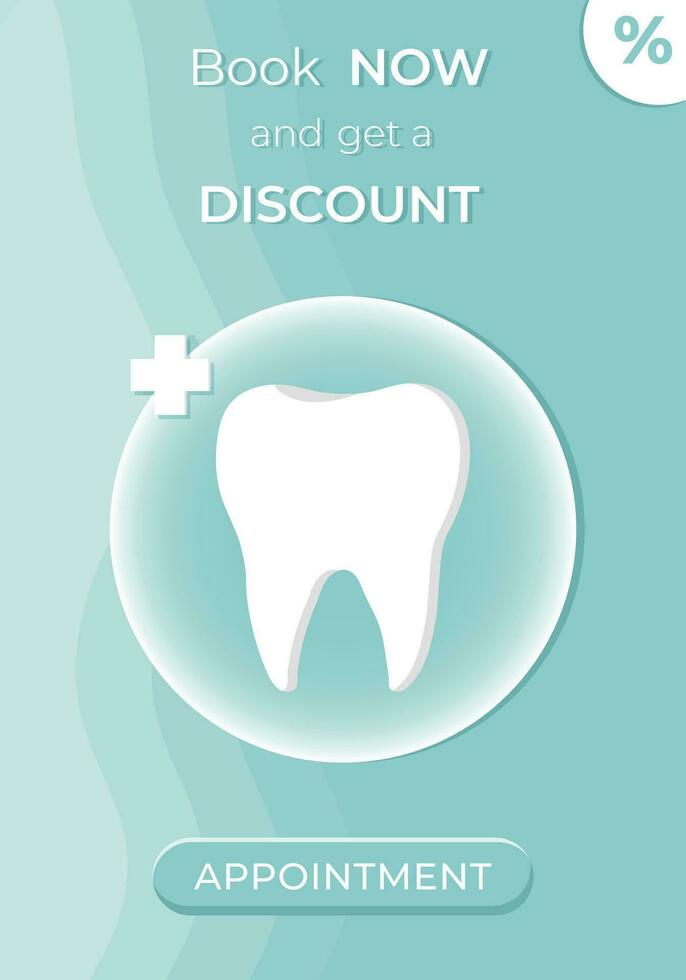 Discount banner for the dentist. Vector illustration of a tooth on a blue background