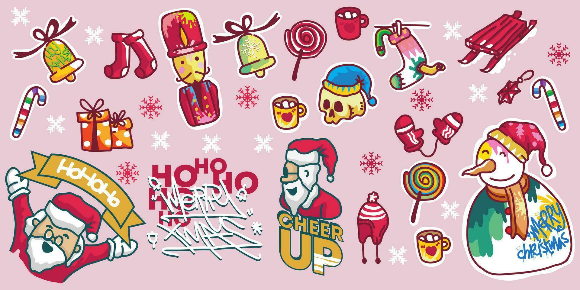 Navidad artículos recopilación. regalos, muñeco de nieve, Papa Noel, campana, linda sombrero, calcetín. vector dibujos animados ilustración para saludo tarjetas, Navidad.