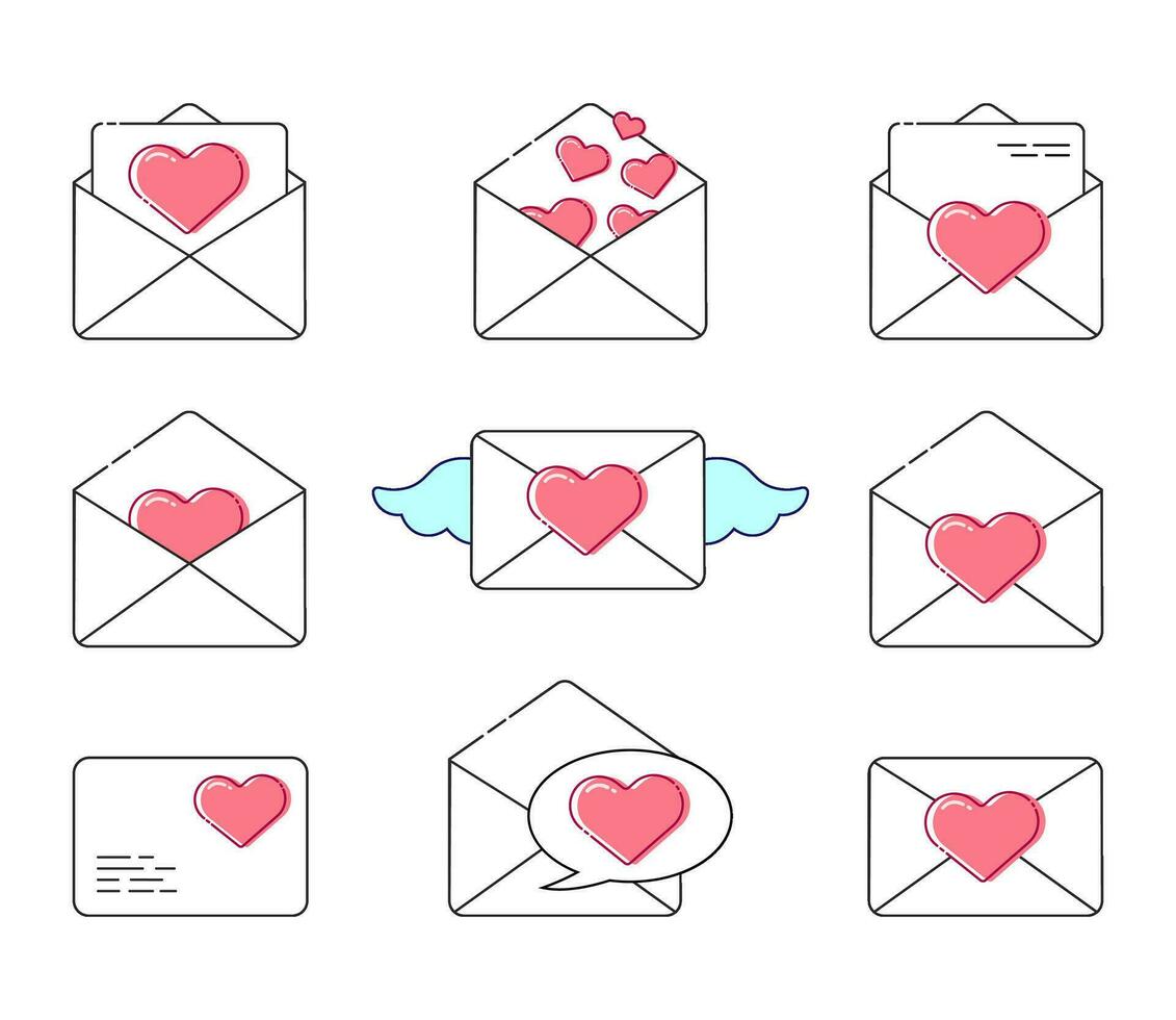 conjunto de íconos envío sobre con corazones para san valentin día. abierto y cerrado sobres, mensaje con amar, ser mi enamorado vector