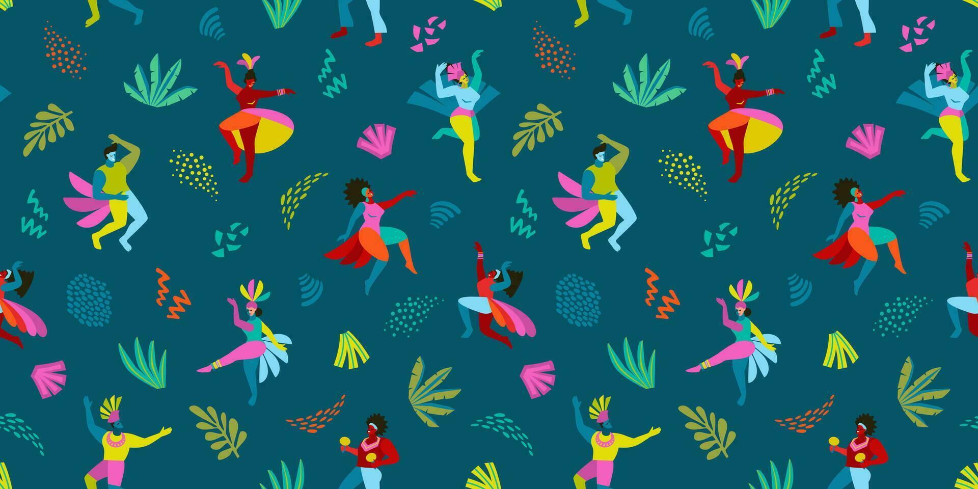 Vector seamless pattern with abstract men and women in bright costumes. Brazil carnival. Design templates for carnival concept and other use