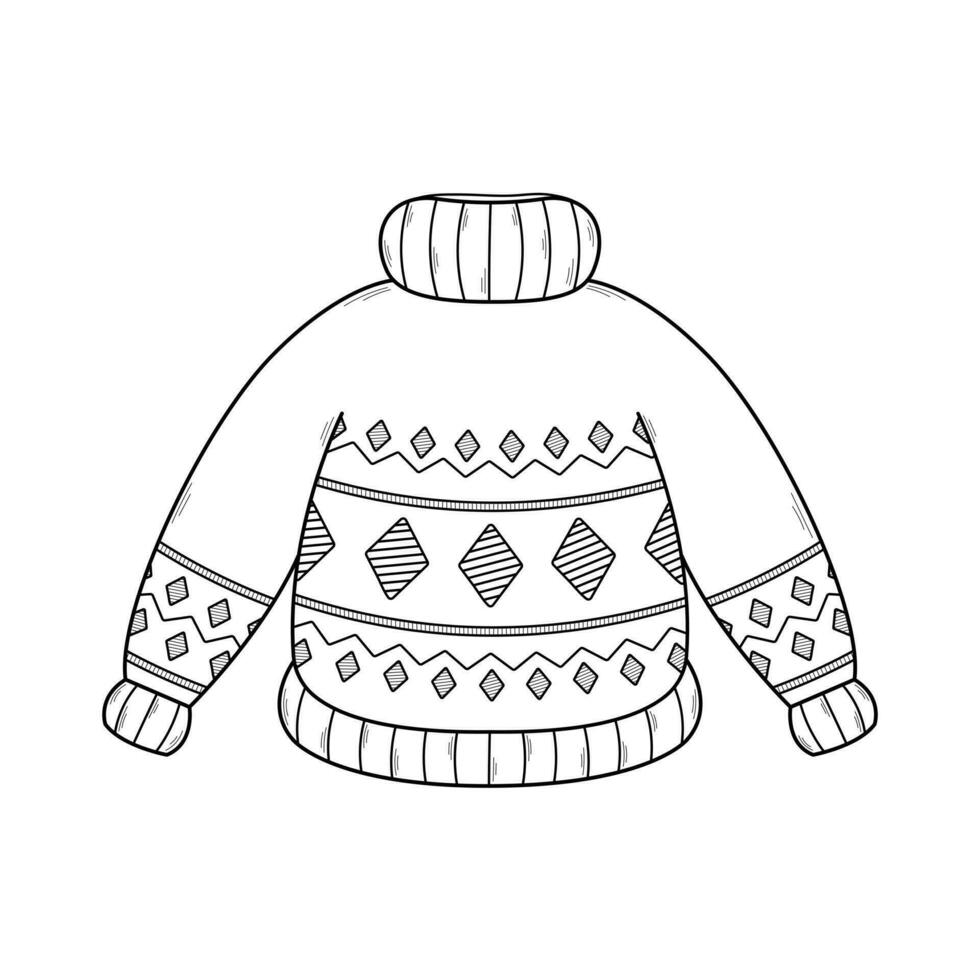 Hand drawn warm, cozy knitted sweater. Icon in doodle sketch style. Vector illustration isolated on white background.
