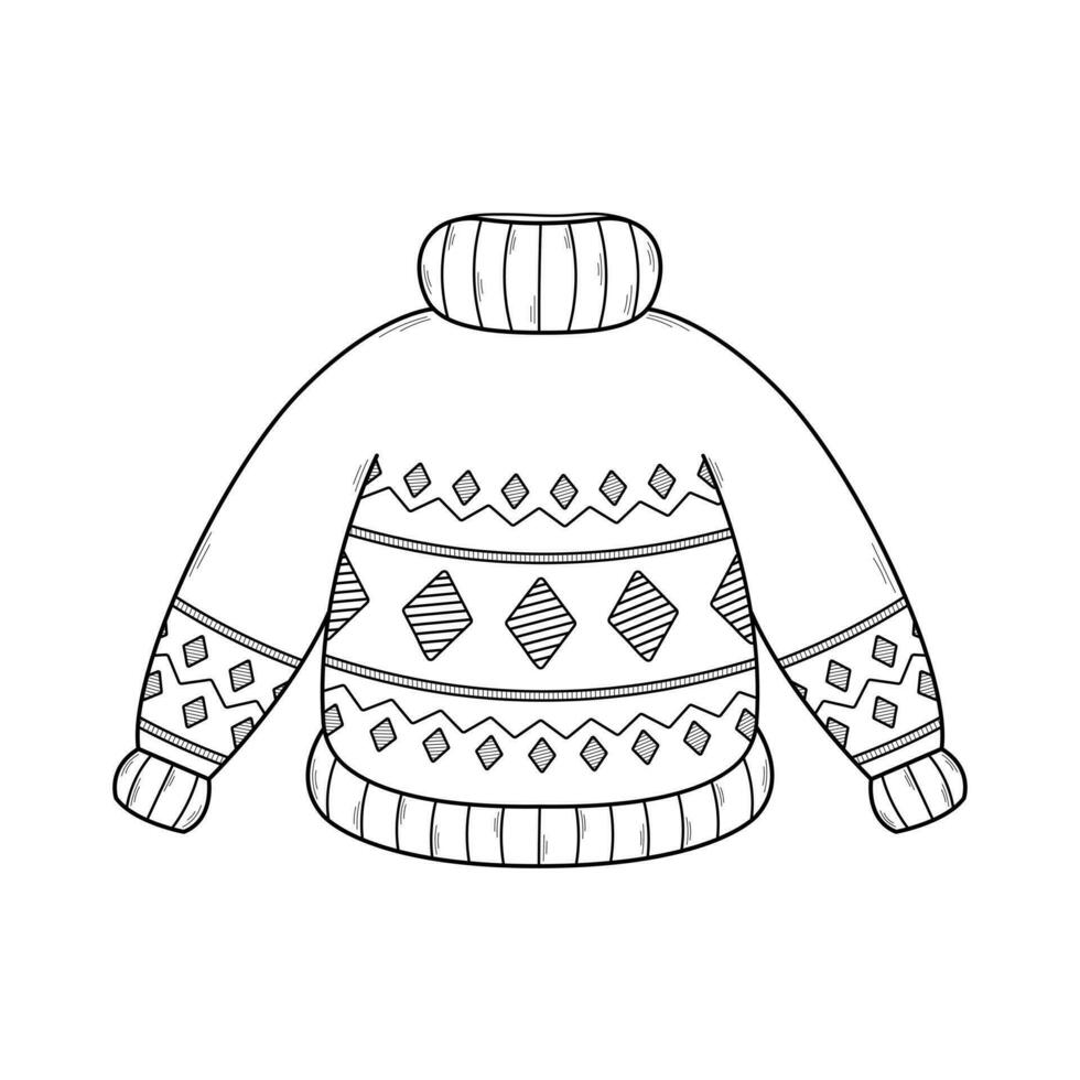 Hand drawn warm, cozy knitted sweater. Icon in doodle sketch style. Vector illustration isolated on white background.