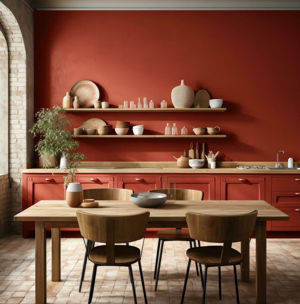 AI generated of a drab kitchen with red brick walls and a wooden table photo