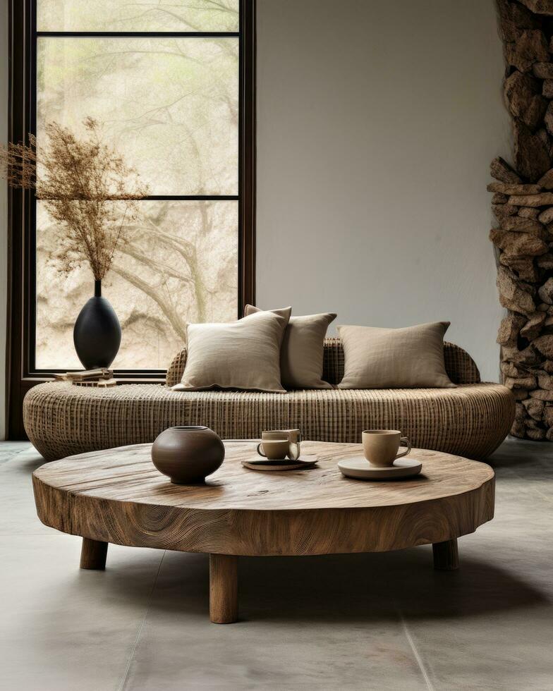 AI generated organic teak coffee table in natural brown photo