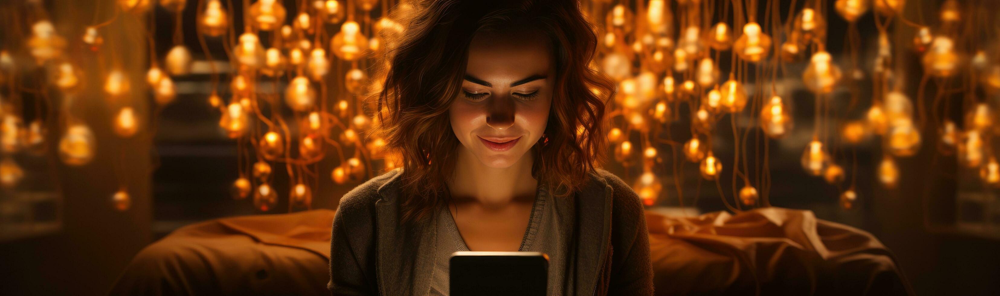 AI generated one woman watching her mobile with a pair of light bulbs photo